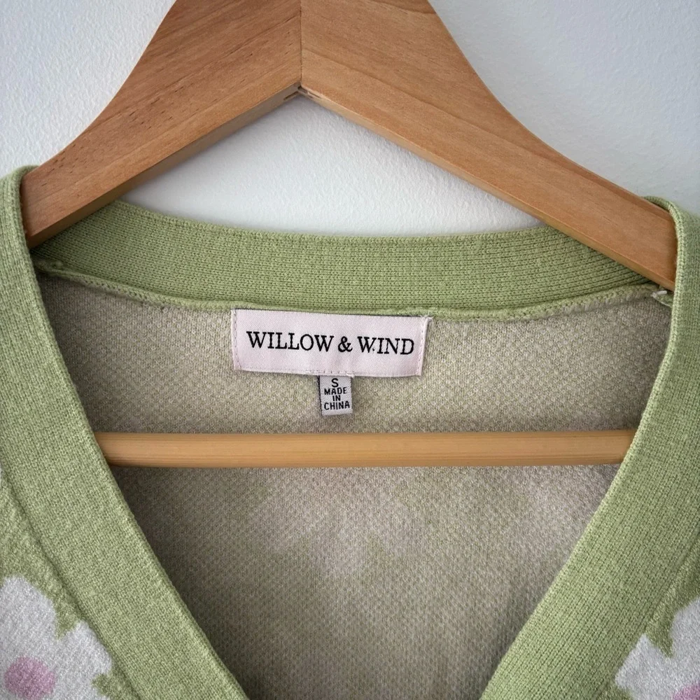 Willow & Wind Cropped Daisy Green Buttoned V-Neck Floral Retro MCM Cardigan S - Picture 5 of 7
